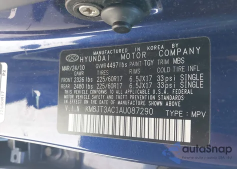 2010 Hyundai Tucson Gls from USA, damaged, VIN KM8JT3AC1AU087290